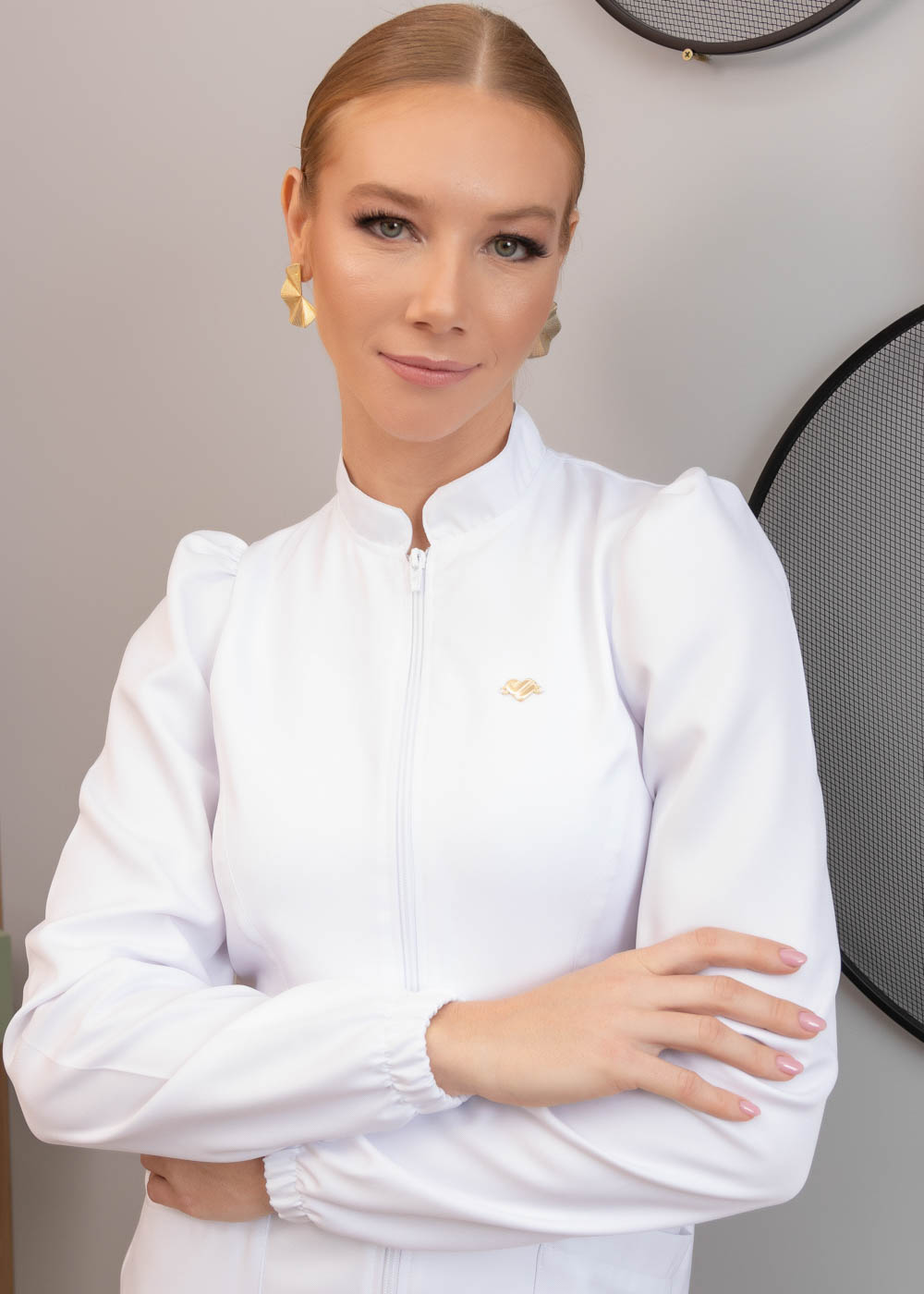 Jaleco Feminino Manga Bufante Gabardine Teddy Branco - Imagem 3